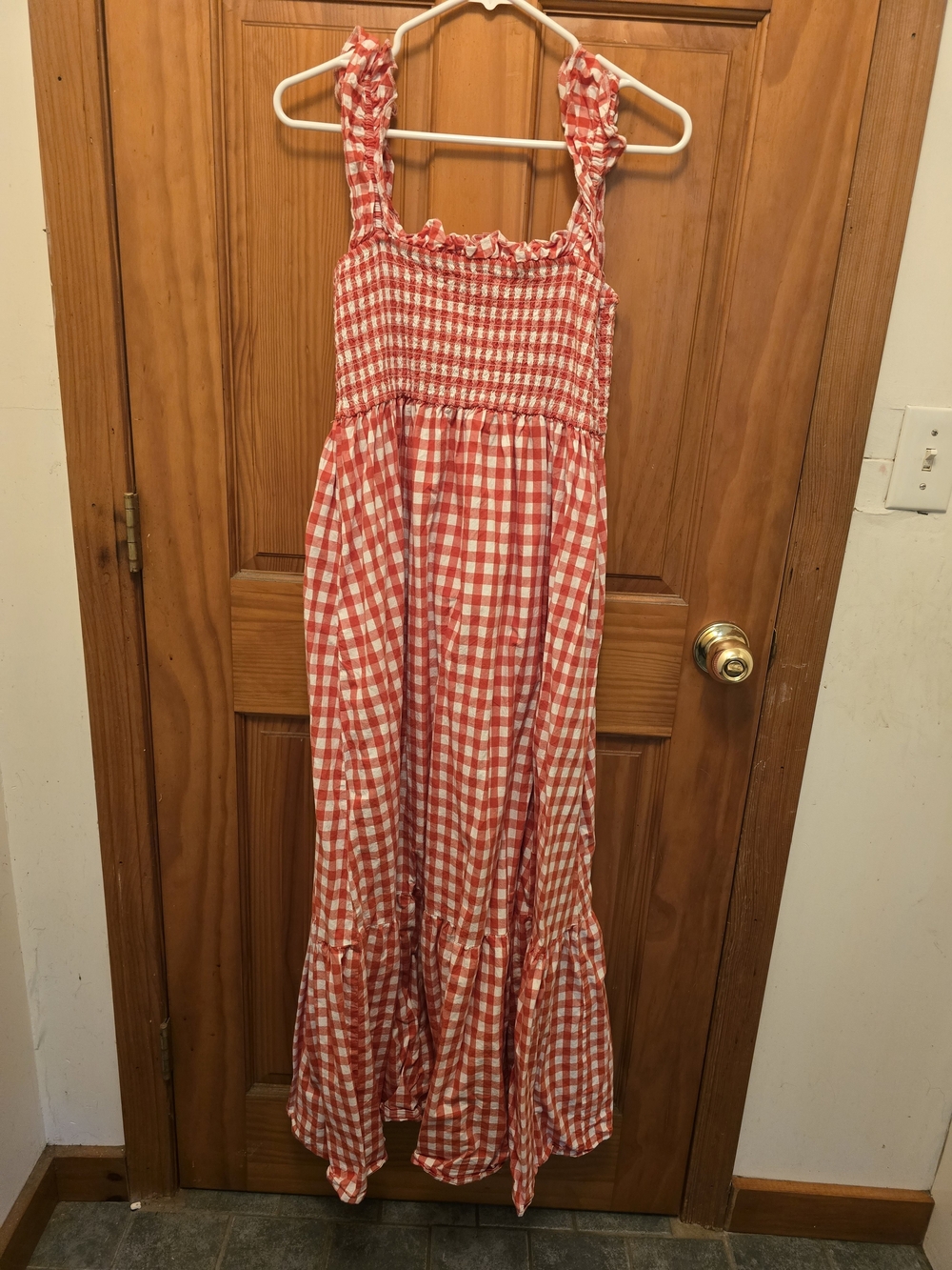 Woman's Red Gingham Sundress with Smocked Bodice